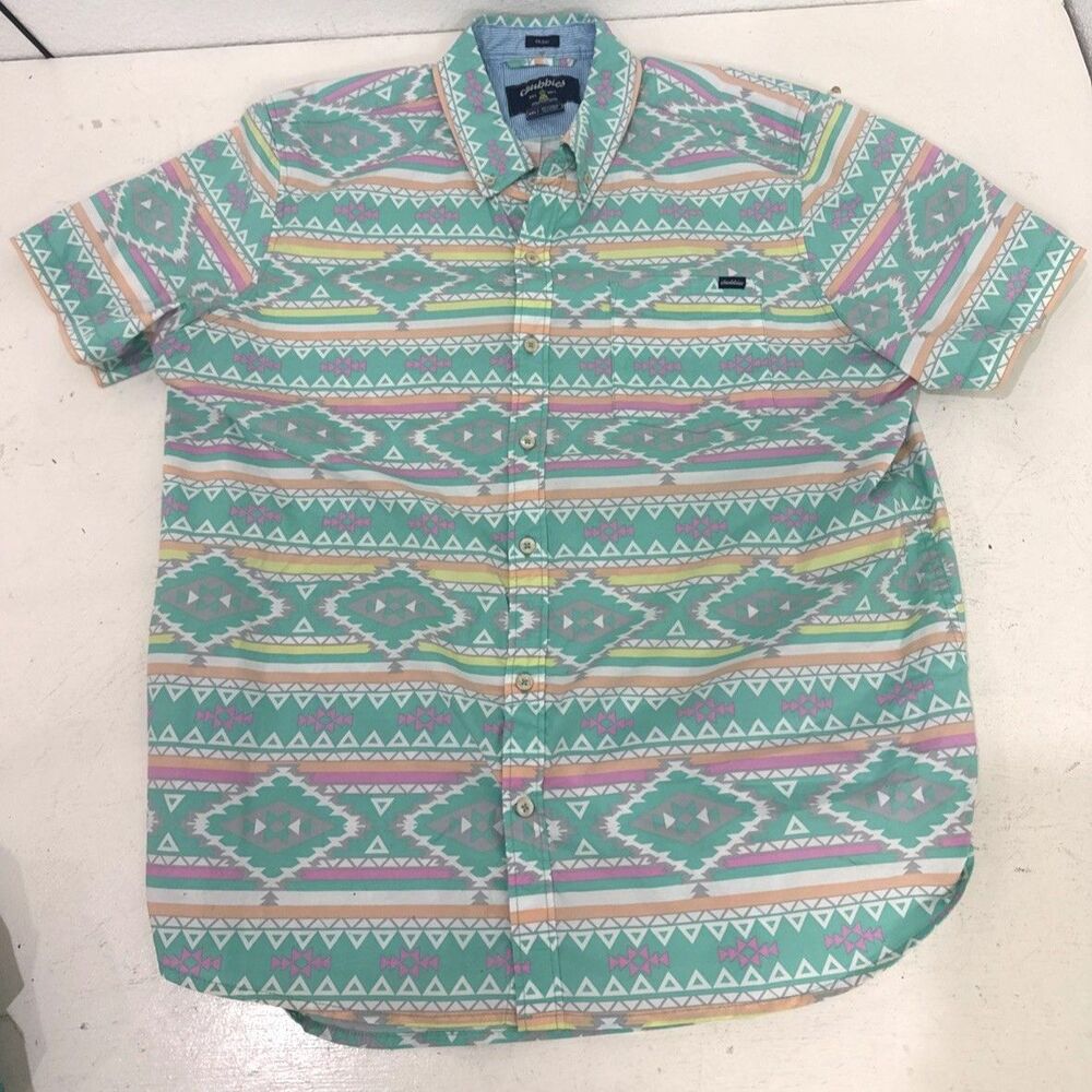 Chubbies En Fuego Wild Friday Casual Classic Fit Button Up Teal Aztec Pink XXL